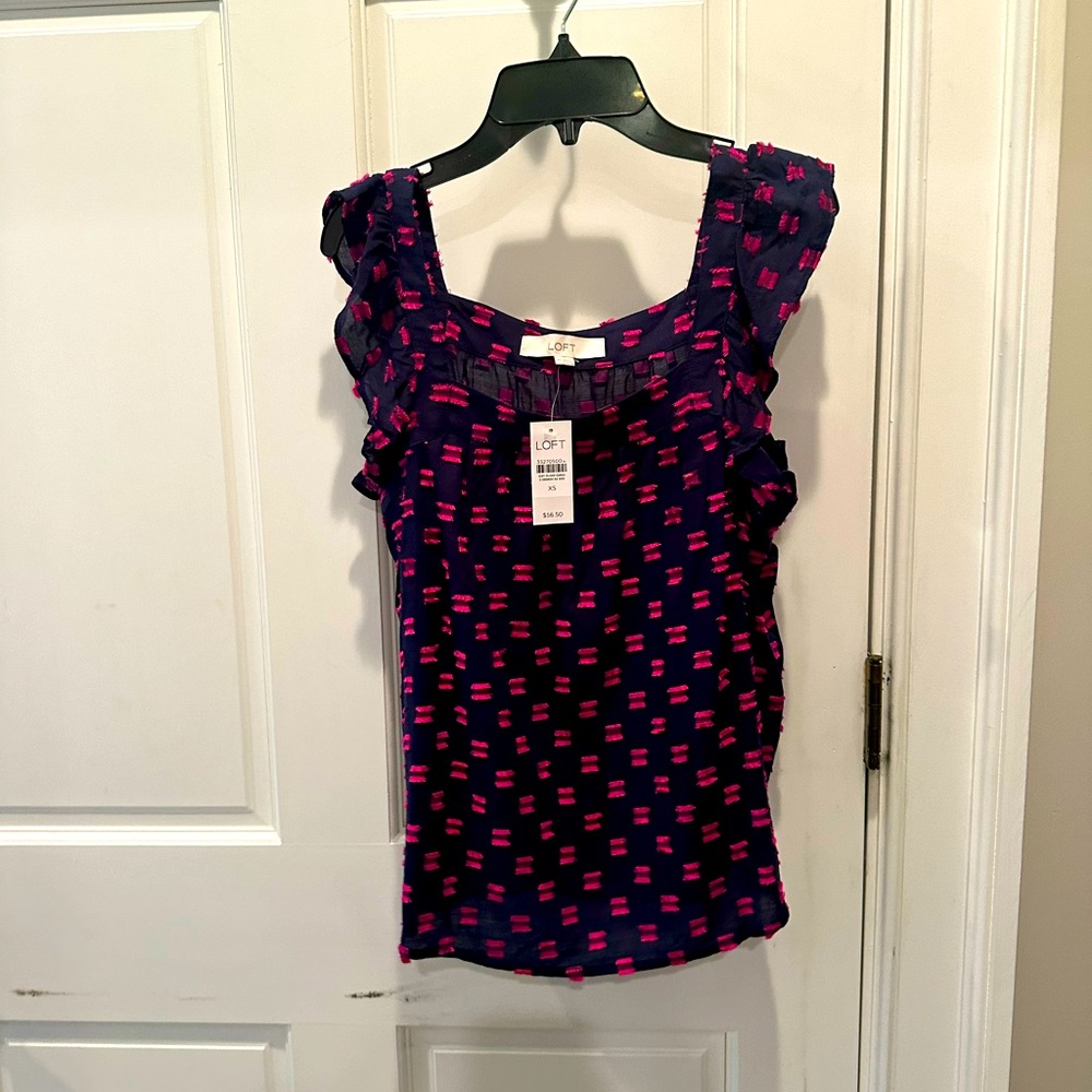 NWT The Loft Navy and Pink Embroidered Top